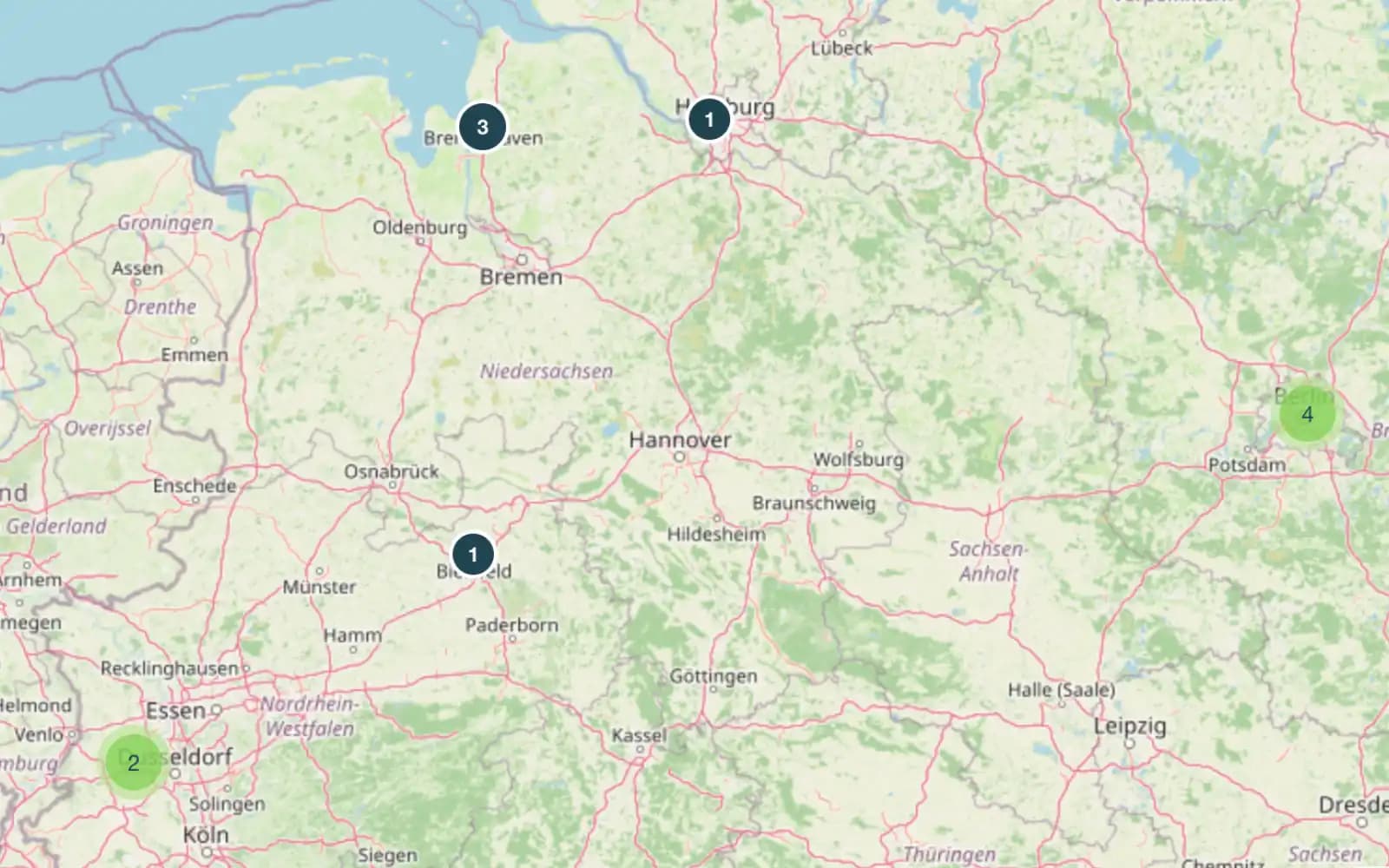 Deutschlandkarte, die die geografische Herkunft eingegangener Anrufe markiert